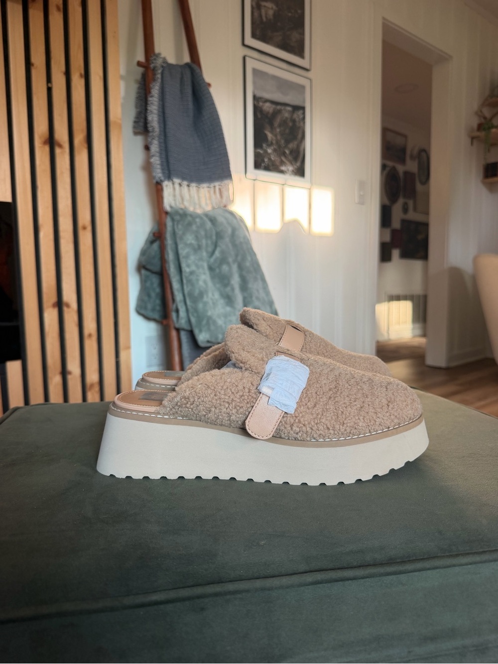 Dolce Vita Beige Teddy Fleece Platform Mules